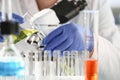 A male chemist holds test tube of glass in his hand Royalty Free Stock Photo