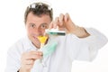 Male chemist holds test tube of glass in his hand overflows a liquid Royalty Free Stock Photo