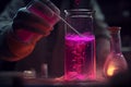 A male chemist holds a test tube of glass in his hand with some pink liquid and pours a new reagent into it.