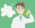 Male chemist in a white coat with a flask with a chemical substance in the hand. Scientist conducting an experiment