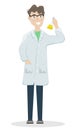Male chemist in a white coat and glasses with a flask with a chemical substance in the hand. Scientist conducting an experiment