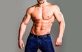 Male chest. Chest muscles. Muscled male torso with abs. Athletic Man showing muscular body and six pack abs. Gay poster Royalty Free Stock Photo