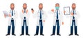 Male chief physician is a full-length set of characters. The doctor is standing with a tablet in his hand, with a smartphone, with