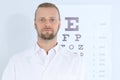 Male children`s doctor near eye chart Royalty Free Stock Photo