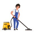 Male cleaner in overalls with vacuum cleaning vector flat floor wash machine technology