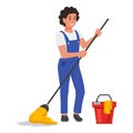 Male cleaner in overalls washing floor with water mop and bucket vector flat illustration