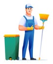 Male cleaning service with broom and trash can. Man janitor character