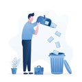 Male clerk throws letters into trash can. Funny businessman deletes spam or read mail from mailbox. File manager, deleting
