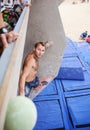 Male climber before jump on top handhold Royalty Free Stock Photo