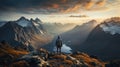 A male climber stands with his back on the top and looks at the mountains. The theme of victory and overcoming your fears