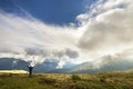 Male climber tourist with raised arms standing on grassy hill slope on green mountains with white puffy clouds and blue sky copy Royalty Free Stock Photo
