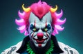 Male clown with creepy expression on face. Portrait of terrible jester in bright style. Generative AI. Royalty Free Stock Photo