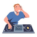 Male club DJ playing music at console mixer. Man musician in headphones mixing audio sounds on deck cartoon vector Royalty Free Stock Photo