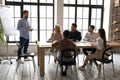 Male coach make whiteboard presentation at office meeting Royalty Free Stock Photo