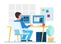 Male coder, male programmer using computers with two monitors while working on project in office vector illustration. Royalty Free Stock Photo