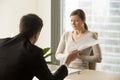 Angry boss scolding scared female employee Royalty Free Stock Photo