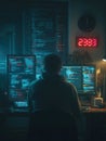 Male computer programmer working late at night in dark room with multiple monitors, professional software developer coding script Royalty Free Stock Photo