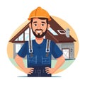 Male construction worker standing confident front house, wearing hard hat, tool belt, smiling Royalty Free Stock Photo