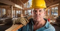 Male Contractor at a Construction Site Wearing a Hard Hat and Work Gloves Holding Lumber 2x4 Royalty Free Stock Photo