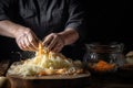 Male cook adding salt to shredded cabbage and carrots. Preserving sauerkraut. Generative AI