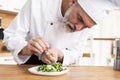 Male cook chef decorating garnishing prepared salad dish on the plate in restaurant commercial kitchen. Royalty Free Stock Photo