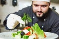 male cook chef decorating prepared salad food Royalty Free Stock Photo