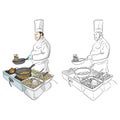 Male cook preparing delicious French fries at a restaurant vector illustration sketch doodle hand drawn with black lines isolated Royalty Free Stock Photo