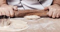male cook rolls out dough with rolling pin Royalty Free Stock Photo