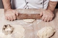 male cook rolls out dough with rolling pin Royalty Free Stock Photo