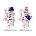 Male cosmonaut with helmet flat vector illustration. Smiling red-haired astronaut, space explorer holding helmet