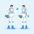 Male cosmonauts flat vector illustration. Smiling astronauts team, two men in spacesuits waving hand and holding helmets