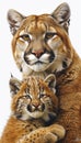 Male cougar and cub portrait with a spacious area on the left ideal for text accompaniment