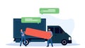 A male courier delivers goods around the city in a truck. Free shipping vector illustration