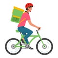 Male courier riding on bike vector flat illustration. Delivery man backpacker supply shipping