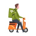 Male Courier Riding Scooter Motorcycle with Green Parcel Box on the Back, Delivery Food Service, Fast Shipping Cartoon