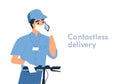 Male courier in safety mask and gloves on kick scooter talk use smartphone vector flat illustration. Man worker of
