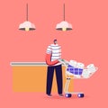 Male Customer Character Stand in Grocery or Supermarket with Toilet Paper in Shopping Trolley