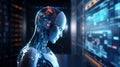 Male Cyber Analyzing Big Data. Futuristic Digital Mind Interface. Neon Circuitry. AI Generated