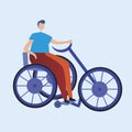 Male cyclist isolated, cycling sport concept, eco transport, flat vector stock illustration with disabled cyclist in wheelchair