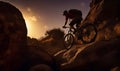 Male cyclist riding down by the rock at sunset. Extreme mountain biking sport. Generative AI Royalty Free Stock Photo