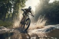 Male cyclist splashing water with mountain bike. AI generated Royalty Free Stock Photo