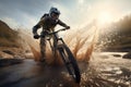 Male cyclist splashing water with mountain bike. AI generated Royalty Free Stock Photo