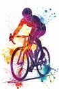 A male cyclists road racer, ebike rider or mountain biker shown in a colourful contemporary athletic abstract design