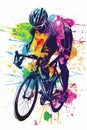 A male cyclists road racer, ebike rider or mountain biker shown in a colourful contemporary athletic abstract design