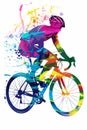 A male cyclists road racer, ebike rider or mountain biker shown in a colourful contemporary athletic abstract design