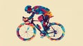 A male cyclists road racer, ebike rider or mountain biker shown in a colourful contemporary athletic abstract design