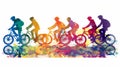 Male cyclists road racer, ebike riders or mountain bikers shown in a colourful contemporary athletic abstract design