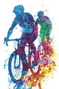 Male cyclists road racer, ebike riders or mountain bikers shown in a colourful contemporary athletic abstract design