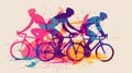 Male cyclists road racer, ebike riders or mountain bikers shown in a colourful contemporary athletic abstract design