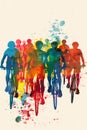 Male cyclists road racer, ebike riders or mountain bikers shown in a colourful contemporary athletic abstract design